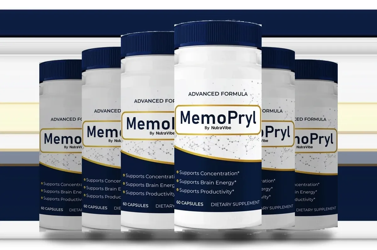 Six white MemoPryl bottles with navy bands standing in a row
