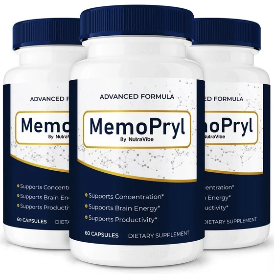 Three white MemoPryl bottles with navy bands and gold-framed labels reading Advanced Formula, MemoPryl By NutraVibe, Supports Concentration, Brain Energy and Productivity, 60 capsules