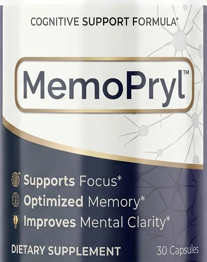A MemoPryl bottle label reading Cognitive Support Formula, Supports Focus, Optimized Memory, Improves Mental Clarity, 30 capsules